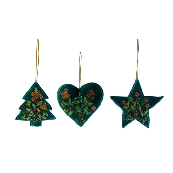 Cotton Velvet & Glass Bead Heart/Star/Tree Shaped Ornament w/ Embroidery, 3 Styles