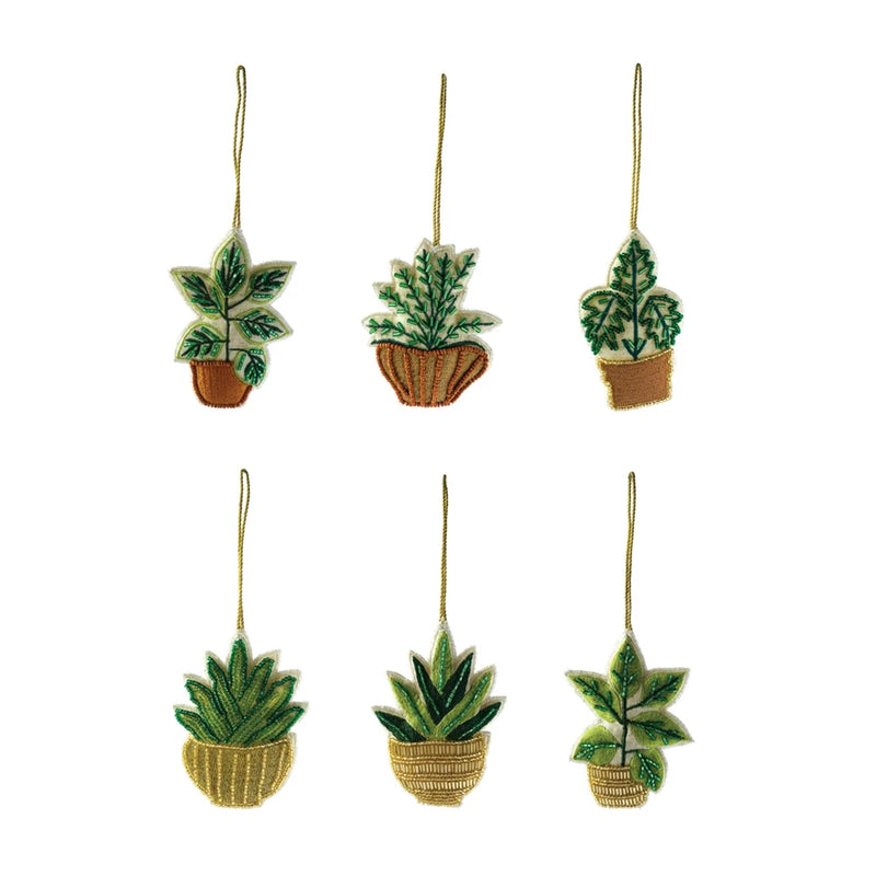 Cotton & Glass Beaded Potted Plant Ornament w/ Embroidery, 6 Styles