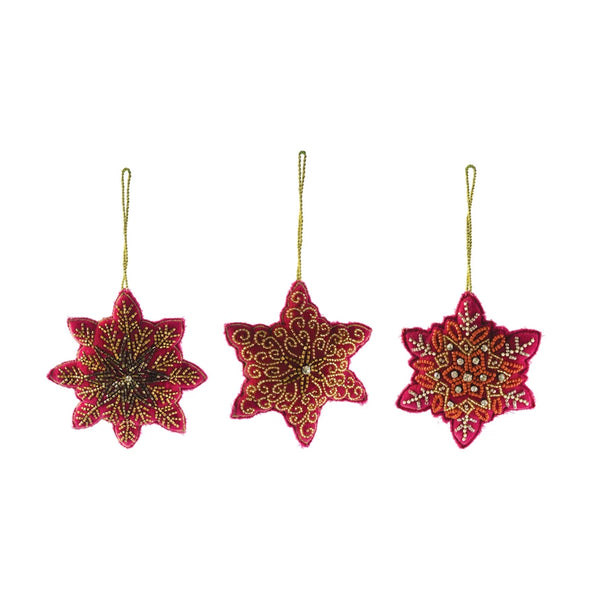 Cotton Velvet Snowflake Ornament w/ Glass Beads & Embroidery, 3 Styles