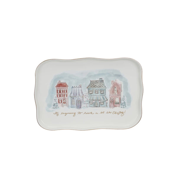 Stoneware Platter w/ Village Christmas Scene & Gold Electroplating ©