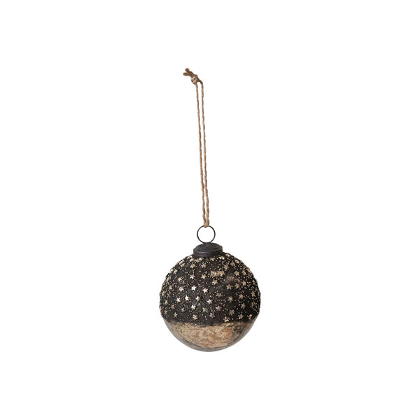 Mercury Glass Ball Ornament w/ Stars, Dipped Bronze & Silver Finish