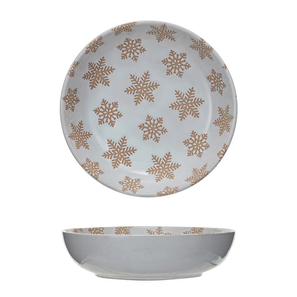 Stoneware Bowl w/ Wax Relief Snowflakes, Reactive Glaze, White (Each One Will Vary)