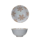 Stoneware Bowl w/ Wax Relief Snowflakes, Reactive Glaze, White (Each One Will Vary)