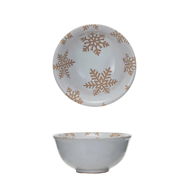 Stoneware Bowl w/ Wax Relief Snowflakes, Reactive Glaze, White (Each One Will Vary)