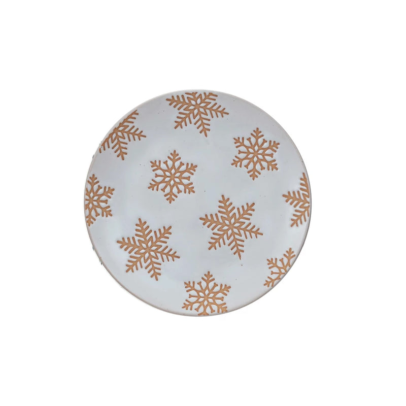 Stoneware Plate w/ Wax Relief Snowflakes, Reactive Glaze (Each One Will Vary)