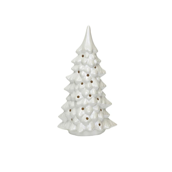 Stoneware LED Tree w/ Cut-Outs, Iridescent Finish, Cream Color