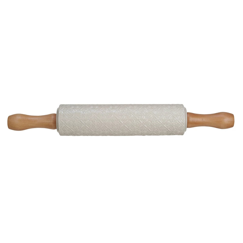 Embossed Stoneware Rolling Pin w/ Pattern & Wood Handles, Cream Color & Natural