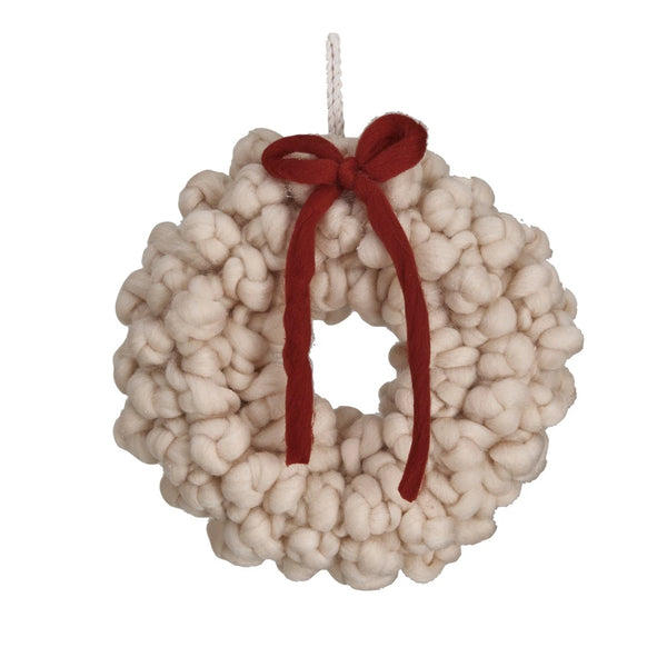 Wool Wreath w/ Red Bow, Cream Color