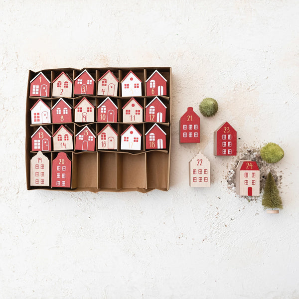 Wood Advent Calendar Houses, Red, White & Natural, Boxed Set of 24