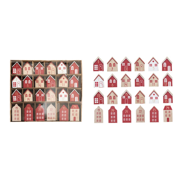 Wood Advent Calendar Houses, Red, White & Natural, Boxed Set of 24