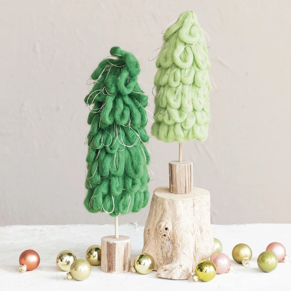 Wool Tree w/ Gold Cord & Wood Base, Green