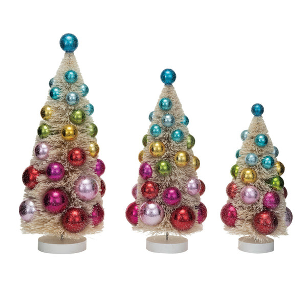 Sisal Bottle Brush Trees w/ Ornaments & Wood Bases, Set of 3