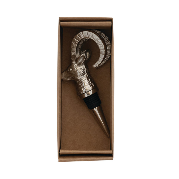 Cast Aluminum Ram Head Bottle Stopper in Kraft Box, Nickel Finish