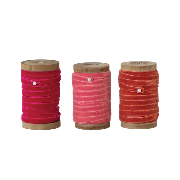 10 Yard 1/4"W Velvet Ribbon on Wood Spool, 3 Colors