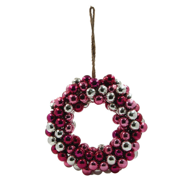 11" Round Glass Ball Wreath, Red, Pink & Silver Finish