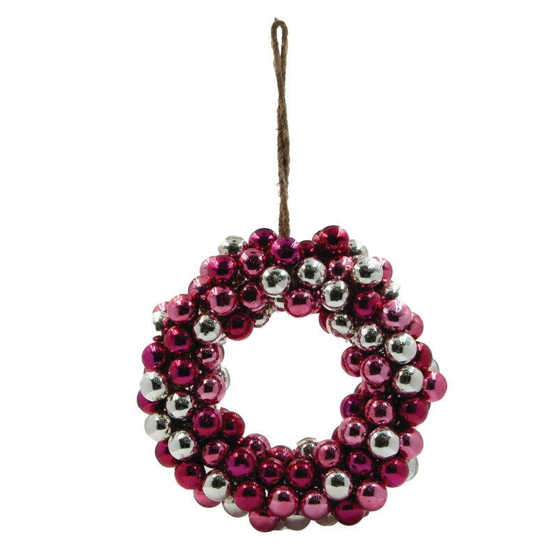 11" Round Glass Ball Wreath, Red, Pink & Silver Finish