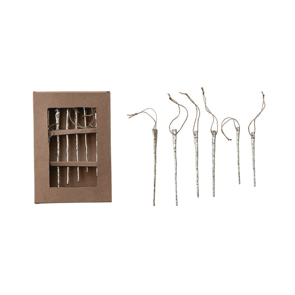 Mercury Glass Icicle Ornaments, Silver Finish, Boxed Set of 6