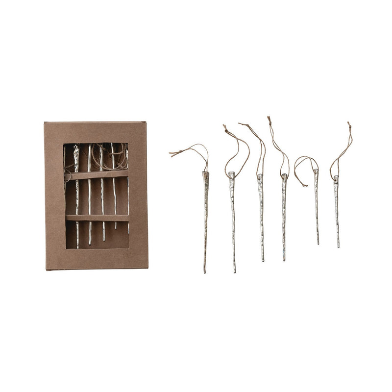 Mercury Glass Icicle Ornaments, Silver Finish, Boxed Set of 6