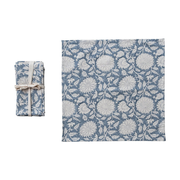 Cotton & Linen Block Printed Napkins with Flowers, Set of 4