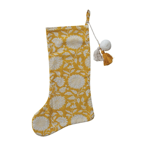 Stocking with Flowers, Hand-Embroidered Kantha Stitch & Pom Pom