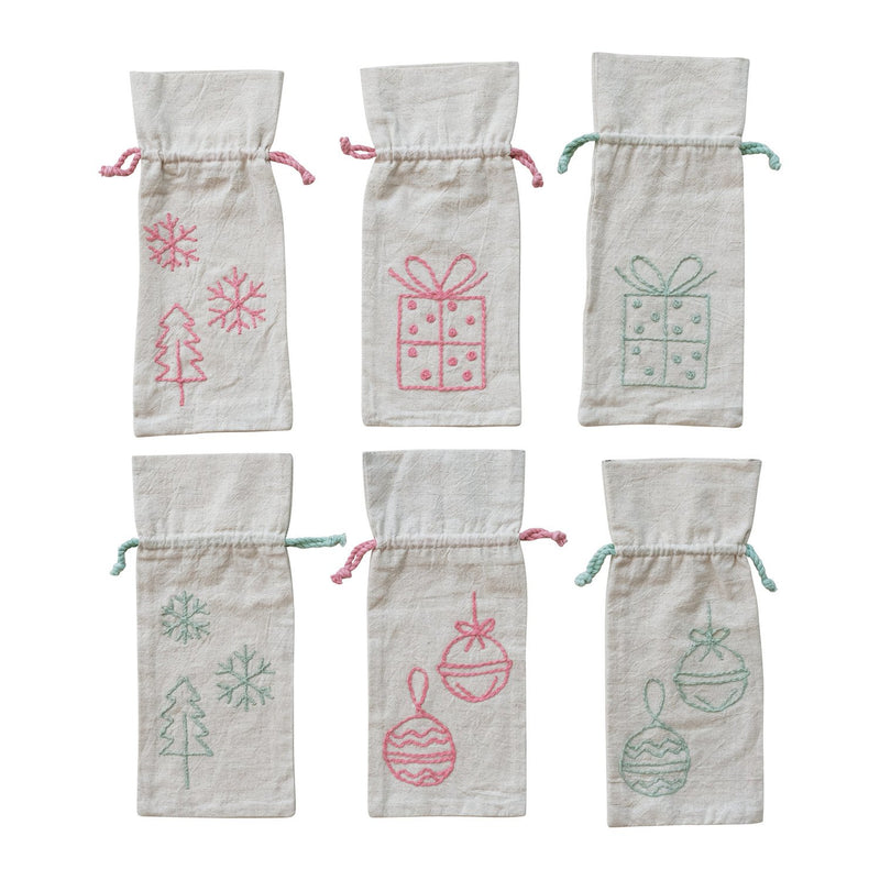 Drawstring Wine Bag with Embroidered Holiday Icon, 6 Styles