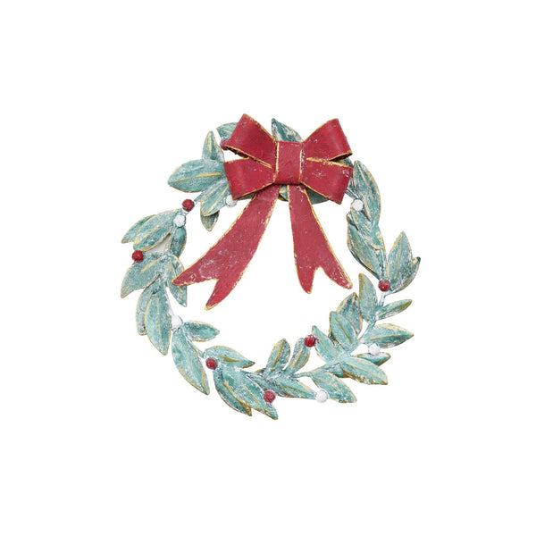 14-3/4" Round Metal Mistletoe Wreath with Bow, Distressed Finish ©