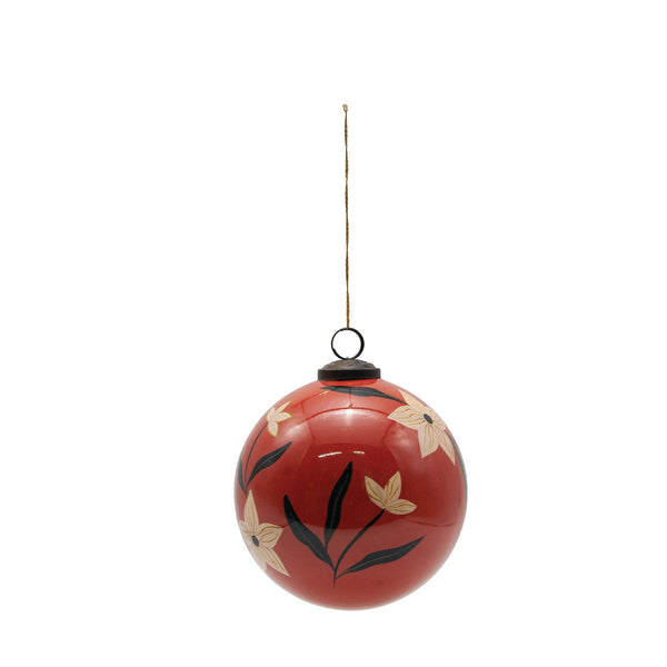 Hand-Painted Glass Ball Ornament with Flowers