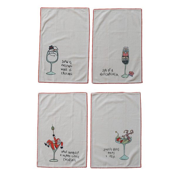 Tea Towel with Holiday Icon, Tipsy Saying & Pom Pom Trim, 4 Styles
