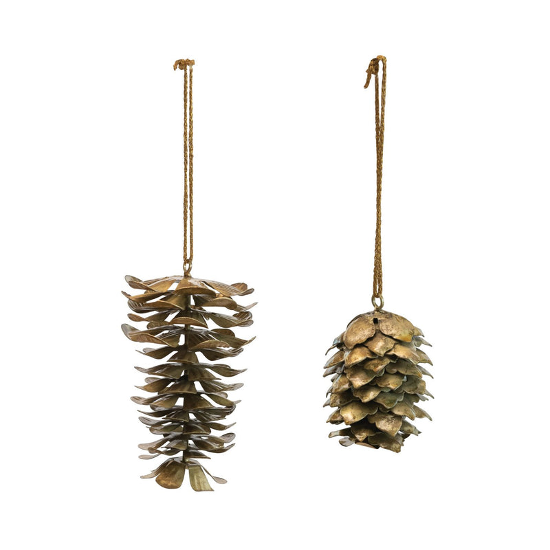 Metal Pinecone Ornament, Distressed Gold Finish, 2 Styles