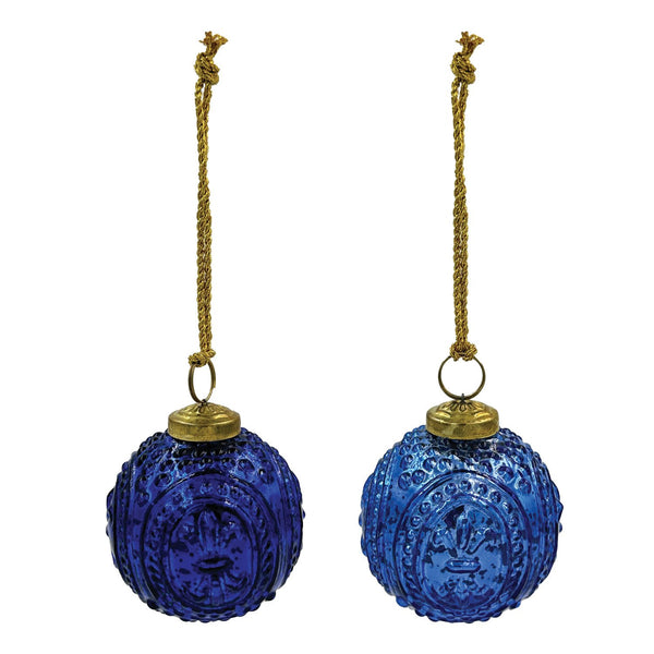 Embossed Recycled Mercury Glass Ball Ornament, Blue, 2 Colors
