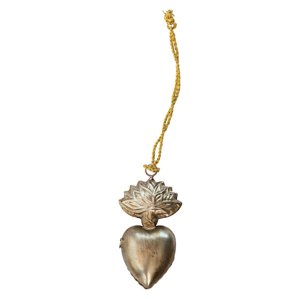 Embossed Metal Sacred Heart Locket Ornament, Antique Pewter Finish