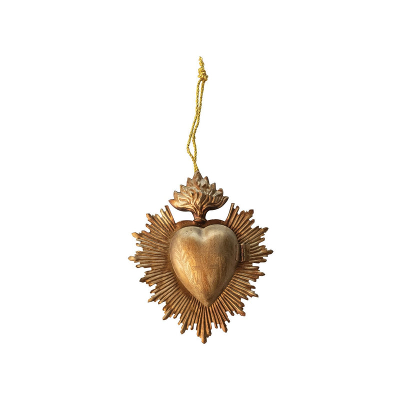 Embossed Metal Sacred Heart Locket Ornament, Antique Gold Finish