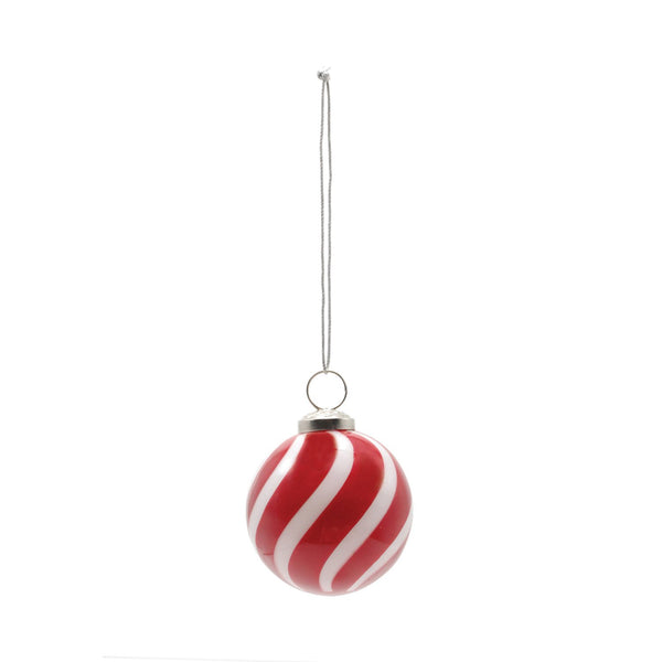 Hand-Blown Glass Ball Ornament with Swirled Stripes, Red & White