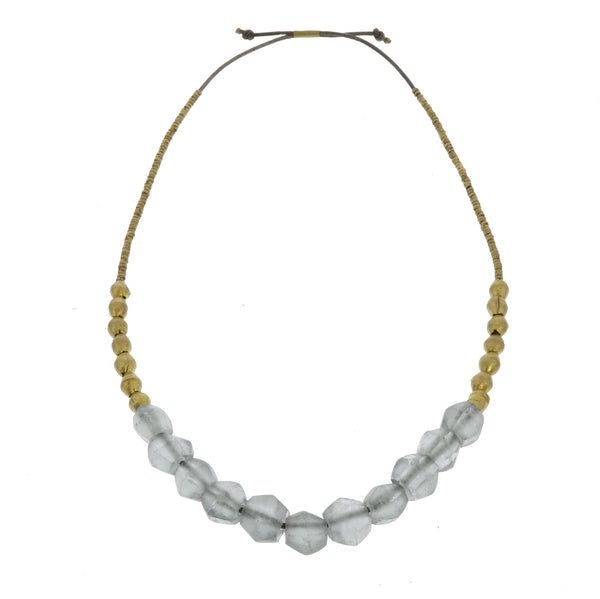 Seaglass Beaded Brass Necklace - Grey