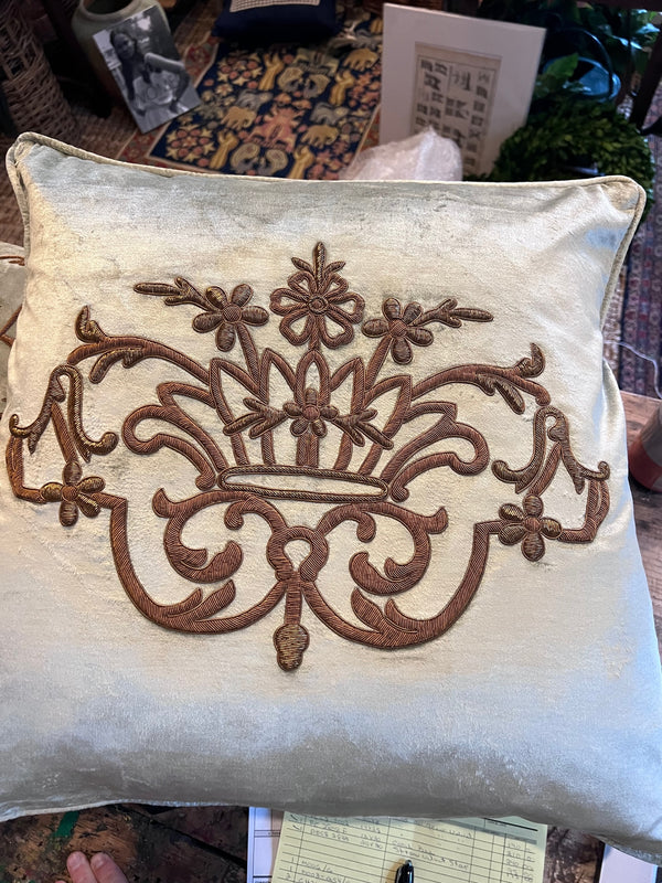 Hand Embroidered Pillow, Crown Green Velvet, 20x20