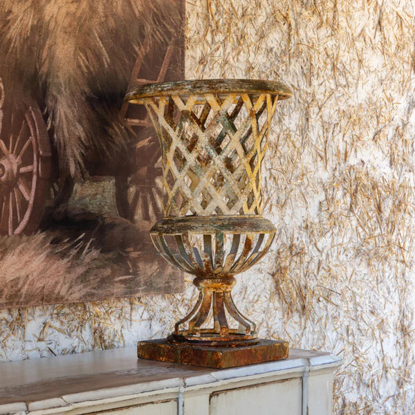 AGED METAL LATTICE URN