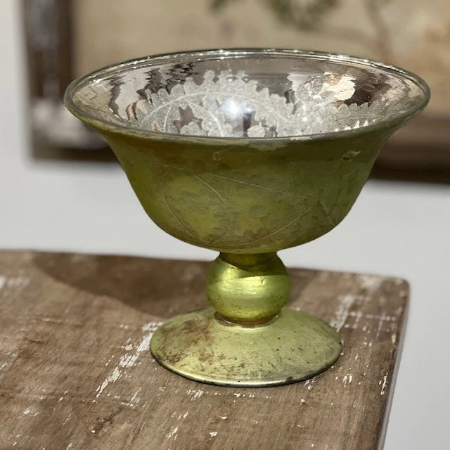 ANTIQUE OLIVE ETCHED COMPOTE SMALL