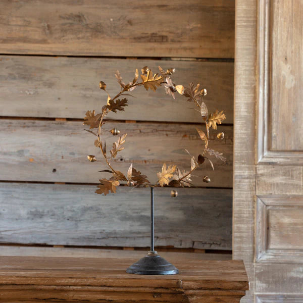 French Wire Gold Acorn Wreath on Stand