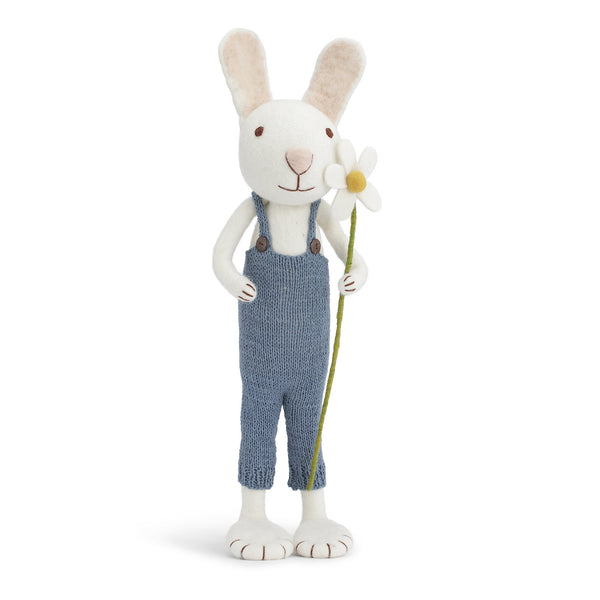 Felt Large White Bunny with Blue Pants and Marguerite