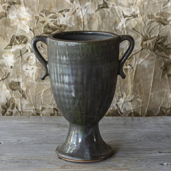 Aged Olive Dripped Glaze Pottery Trophy Vase