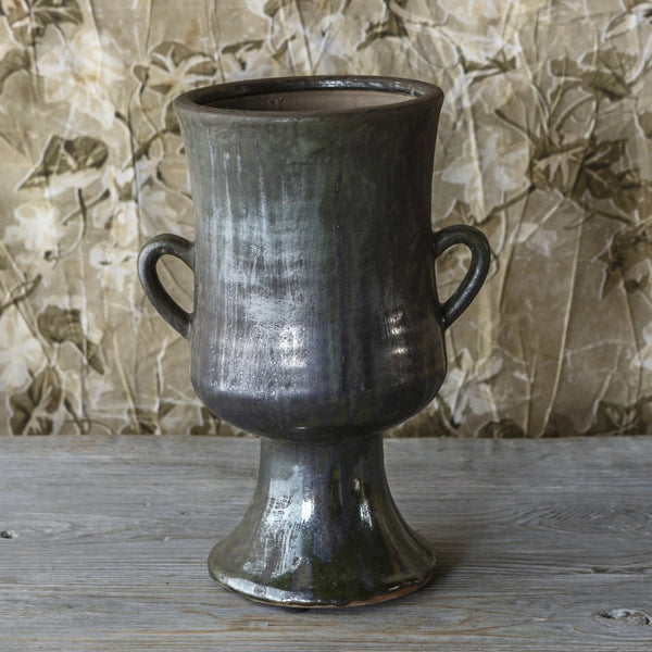 Aged Olive Dripped Glaze Pottery Urn