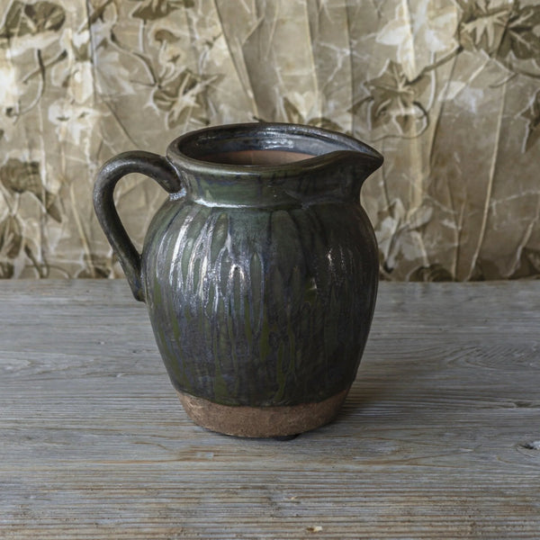 Aged Olive Dripped Glazed Pottery Flower Pitcher Vase Small